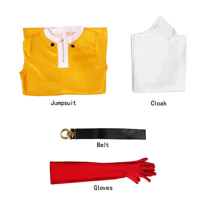 Yellow satin jumpsuit with white collar and zipper detail in one punch man saitama cosplay suit full set with cloak