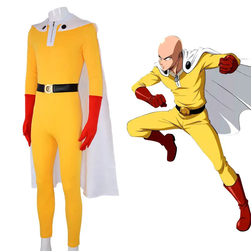 Yellow one-piece punch man saitama cosplay suit with red gloves boots white cape black belt and zipper neckline full set