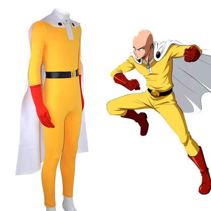 Yellow one-piece punch man saitama cosplay suit with red gloves boots white cloak and matching anime illustration