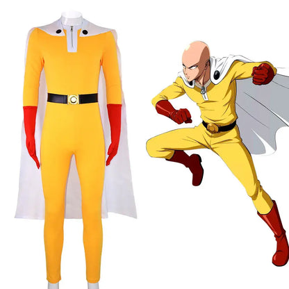 Yellow one-piece punch man saitama cosplay suit with red gloves boots white cape black belt and white zipper collar