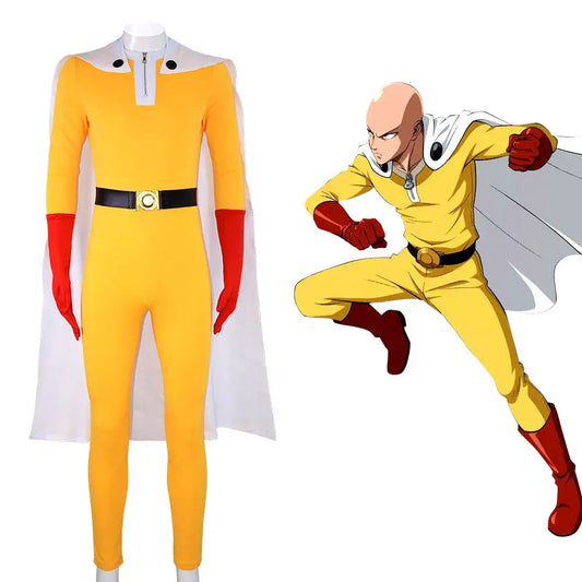 Yellow one-piece punch man saitama cosplay suit with red gloves boots white cape black belt and white zipper collar