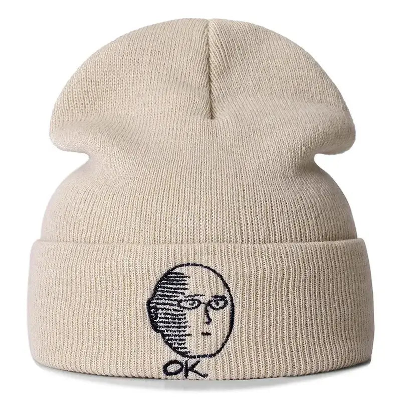 Beige cotton knit one punch man saitama embroidered beanie with black face design and ok text on cuff