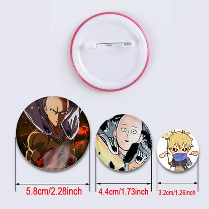One punch man lapel pin featuring anime character designs on clear enamel badges with pink metallic rims