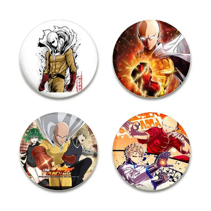 Four circular punch man enamel badge lapel pins featuring saitama in dynamic poses and colorful designs