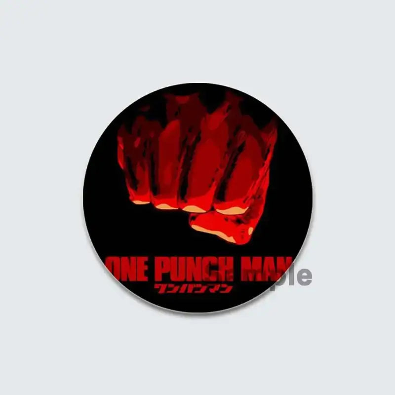 One punch man enamel badge lapel pin featuring a red glowing fist on a black circular button with punch man text