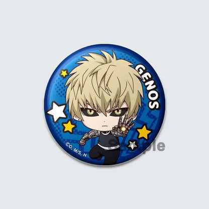 Blue circular enamel badge lapel pin featuring chibi genos from one punch man with blonde hair and glowing eyes
