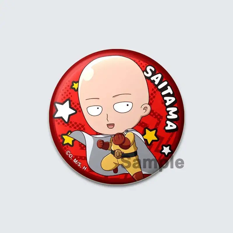 Red circular enamel badge lapel pin featuring saitama from one punch man in yellow and gray suit with stars