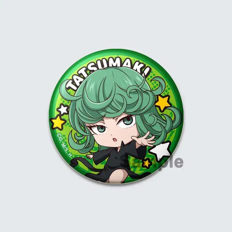 Green circular enamel badge lapel pin featuring chibi tatsumaki from punch man with teal hair and star background