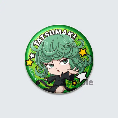 Green circular enamel badge lapel pin featuring chibi tatsumaki from punch man with teal hair and star background
