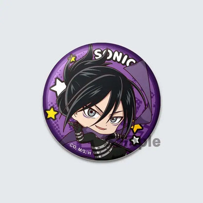 Purple circular punch man lapel pin featuring a chibi sonic with black hair and blue eyes enamel badge