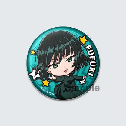 Circular teal punch man lapel pin featuring a chibi fubuki with black hair and green eyes enamel badge