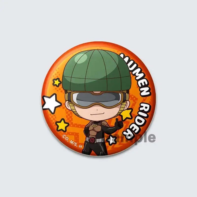 Orange circular enamel badge lapel pin featuring chibi mumen rider from punch man in green helmet and black suit