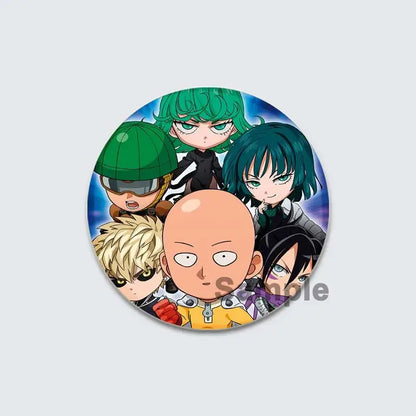 One punch man enamel badge lapel pin featuring chibi anime characters with saitama in yellow jacket and red gloves