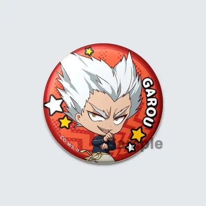 Red circular enamel badge lapel pin featuring chibi garou from punch man with spiky white hair and star background