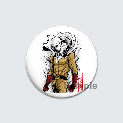 White circular enamel badge lapel pin featuring saitama from punch man in his tan suit with red gloves and belt