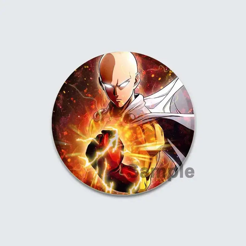 Circular enamel badge lapel pin featuring one punch man saitama with glowing white eyes and fiery orange aura