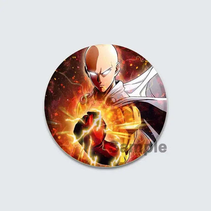 Circular enamel badge lapel pin featuring one punch man saitama with glowing white eyes and fiery orange aura