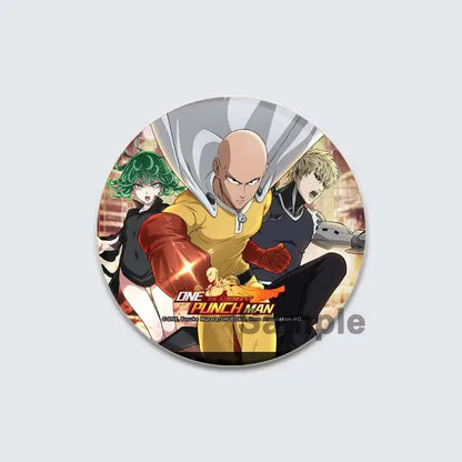 Circular one punch man lapel pin featuring saitama in yellow suit and red gloves enamel badge design