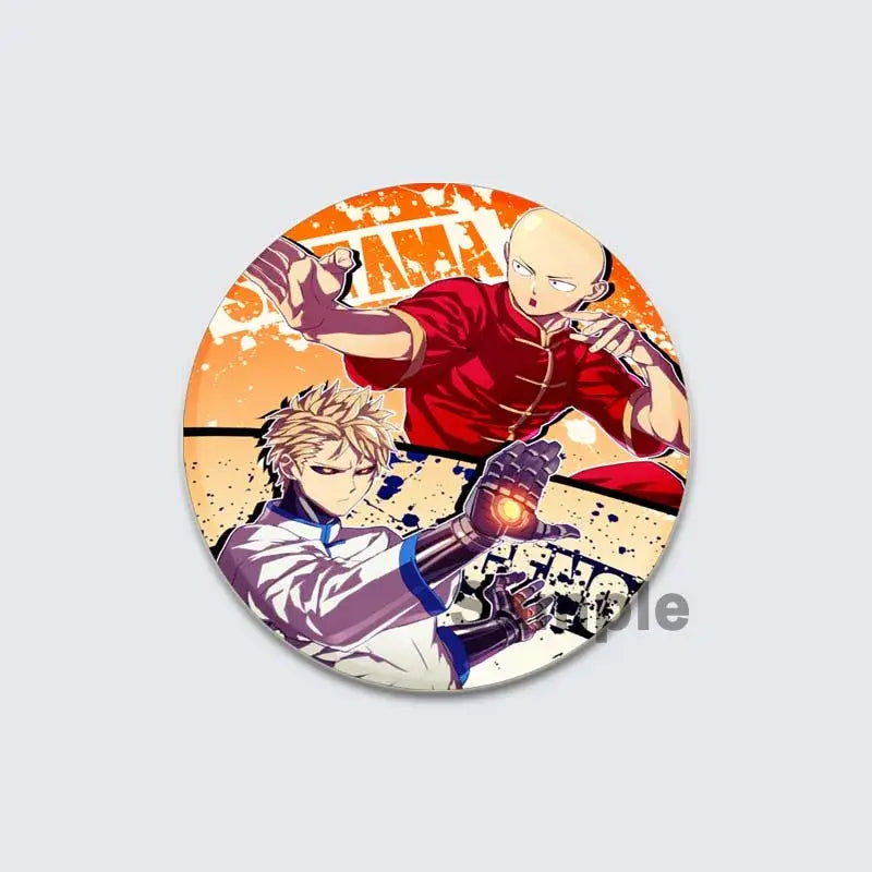 Circular one punch man lapel pin enamel badge featuring saitama and genos in dynamic combat pose with orange beige splatter