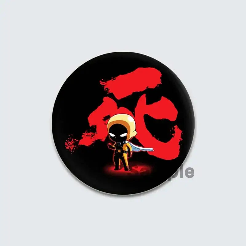 Black enamel lapel pin featuring chibi saitama from one punch man with red death kanji on black background