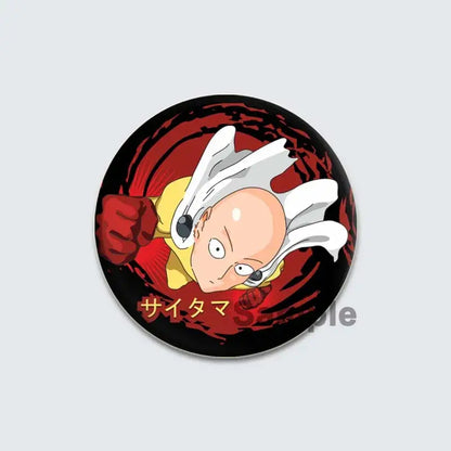Circular enamel badge lapel pin featuring saitama from one punch man with bald head and white hair streaks on red black background