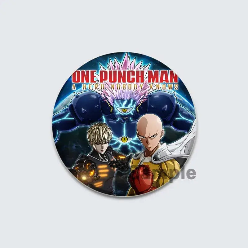 One punch man lapel pin featuring saitama in yellow and white with genos on a blue and purple enamel badge background