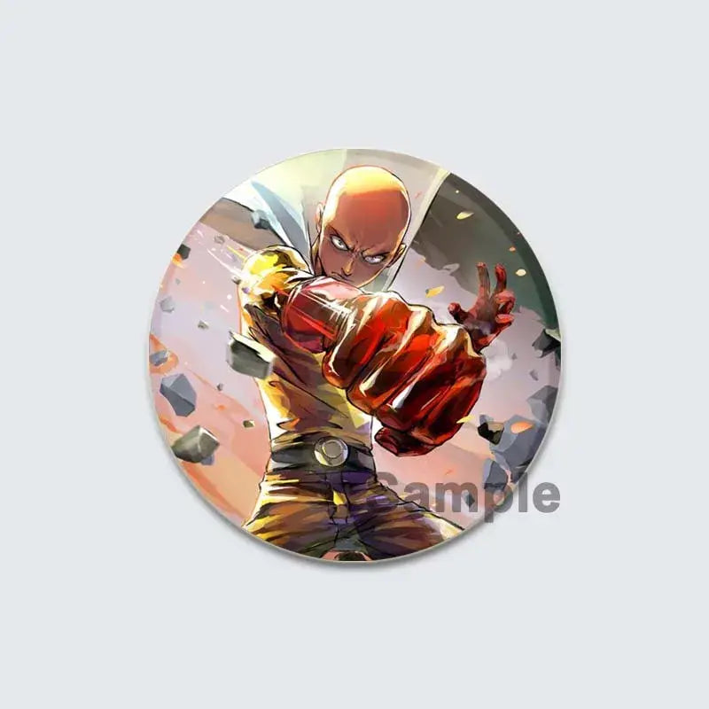 Circular enamel lapel pin featuring saitama from one punch man in yellow and black suit with red energy fist