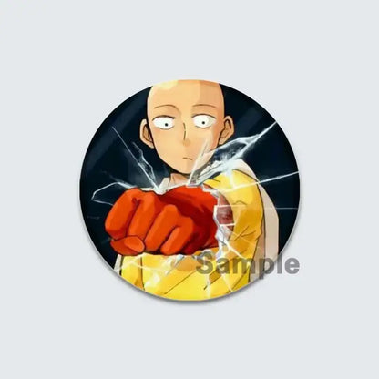 Circular yellow enamel badge lapel pin featuring punch man saitama with red fist breaking glass