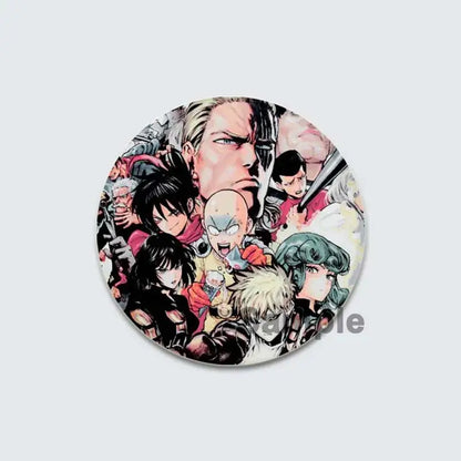 One punch man lapel pin enamel badge featuring vibrant black and white line art with colorful accents of multiple characters