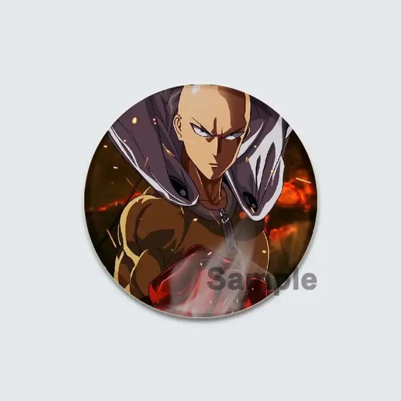Circular enamel badge lapel pin featuring saitama from one punch man with fierce expression on fiery background