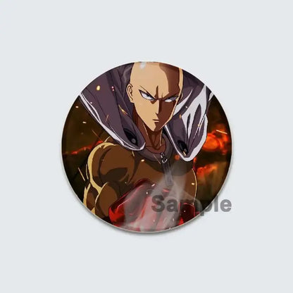 Circular enamel badge lapel pin featuring saitama from one punch man with fierce expression on fiery background