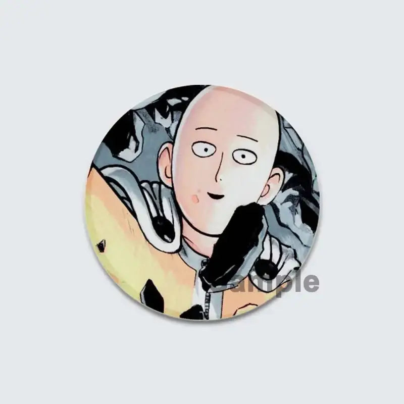 One punch man saitama lapel pin enamel badge featuring the character with bald head on gray and yellow background