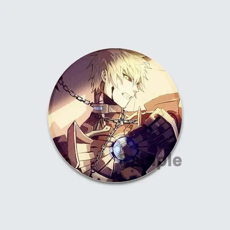 One punch man lapel pin featuring a circular enamel badge of an anime character with spiky blonde hair and armor