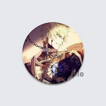 One punch man lapel pin featuring a circular enamel badge of an anime character with spiky blonde hair and armor