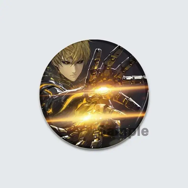 One punch man lapel pin enamel badge featuring an anime character with blonde hair and glowing golden mechanical arm