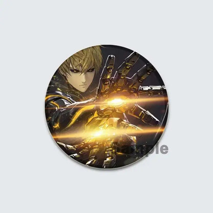One punch man lapel pin enamel badge featuring an anime character with blonde hair and glowing golden mechanical arm