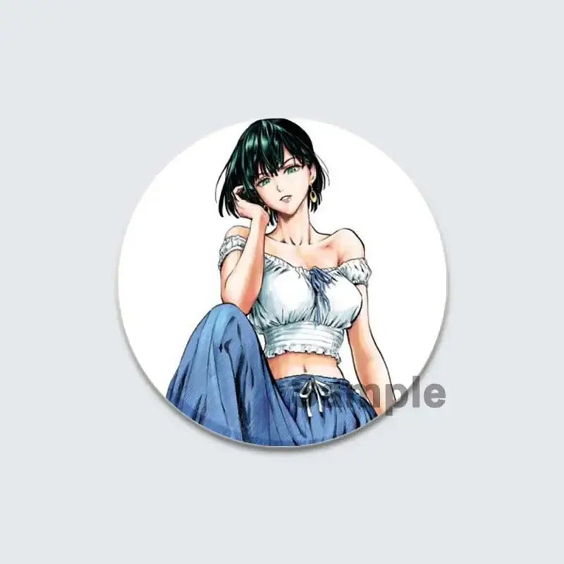 Circular punch man lapel pin enamel badge featuring an anime-style woman with short black hair in light blue outfit