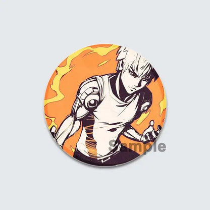 Circular enamel badge lapel pin featuring white-haired anime character saitama from one punch man on orange flame background