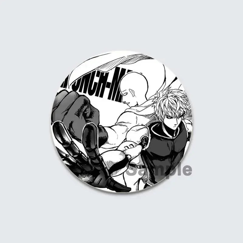Black-and-white enamel badge lapel pin featuring dynamic manga illustration of two punch man characters in action