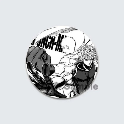 Black-and-white enamel badge lapel pin featuring dynamic manga illustration of two punch man characters in action