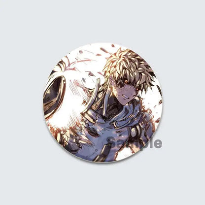 One punch man lapel pin featuring anime character with spiky blonde hair glowing orange eyes and blue silver enamel badge