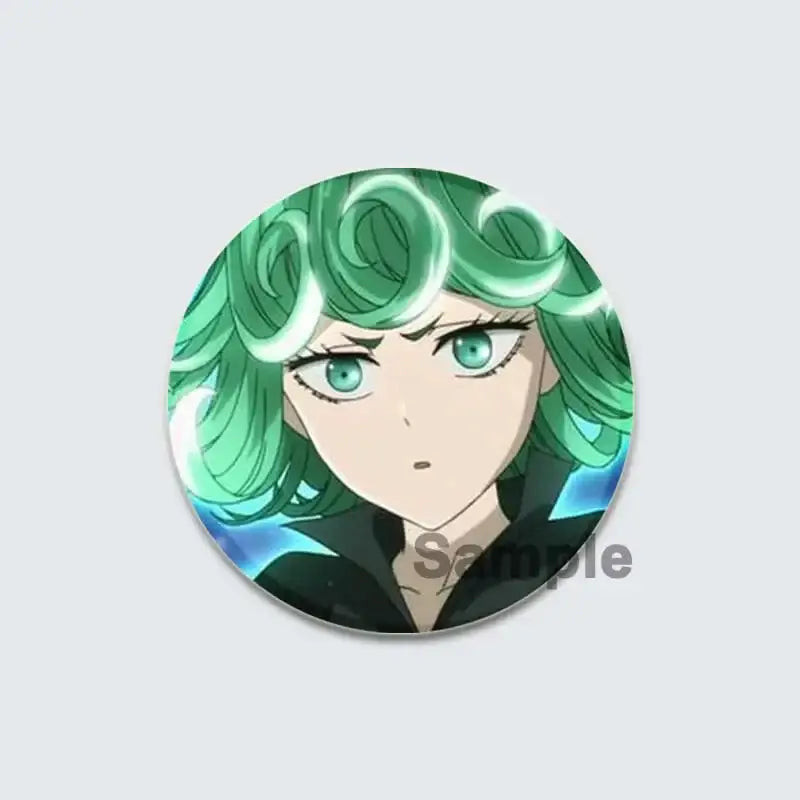 One punch man lapel pin enamel badge featuring anime character with vibrant green curly hair and teal eyes on blue background
