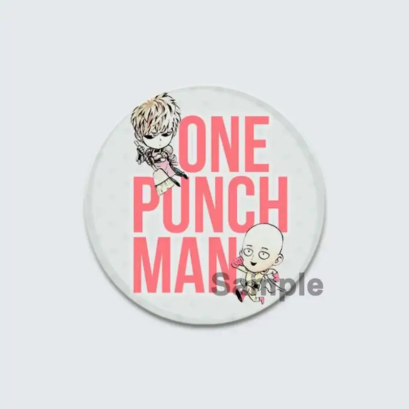 White enamel badge lapel pin featuring chibi saitama and genos with bold pink one punch man title