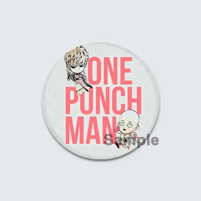 White enamel badge lapel pin featuring chibi saitama and genos with bold pink one punch man title