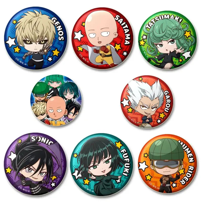 Set of seven punch man enamel badge lapel pins featuring chibi anime characters with colorful star backgrounds