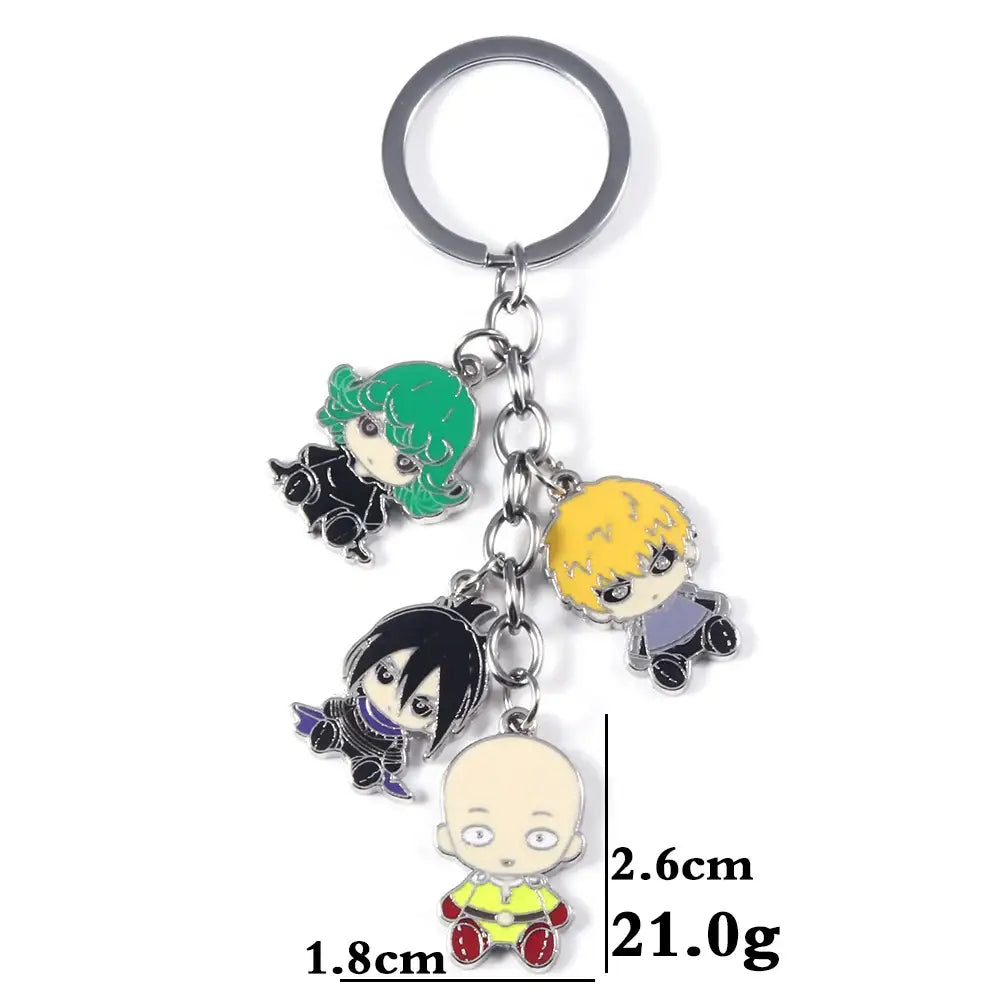 Silver metal punch man saitama keychain with four chibi enamel character charms including bald saitama design