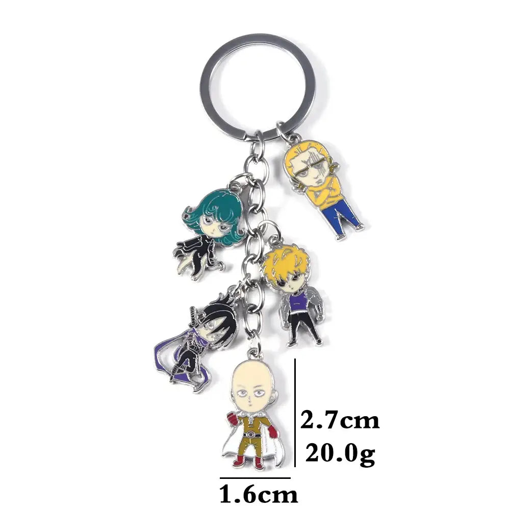 A saitama metal keychain featuring five colorful chibi-style anime character charms on a circular metal ring