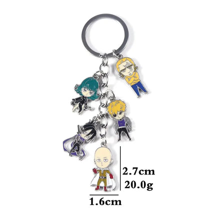 A saitama metal keychain featuring five colorful chibi-style anime character charms on a circular metal ring