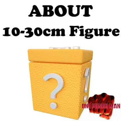 Yellow textured blind box with white question mark and red fist accessory for one punch man saitama anime figure