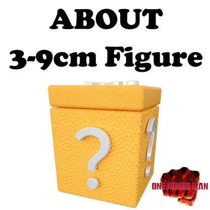 Yellow textured cube-shaped mystery blind box with white question marks for punch man saitama anime figure
